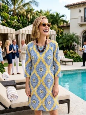 J. McLaughlin Blue and Yellow Paisley Print Catalina Cloth Dress in Small